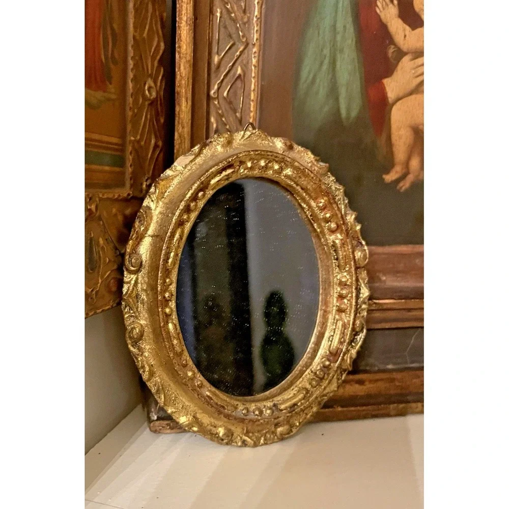 Vtg Florentine Oval Gold Wall Mirror Ornate  Italy Small 3.5x4.5